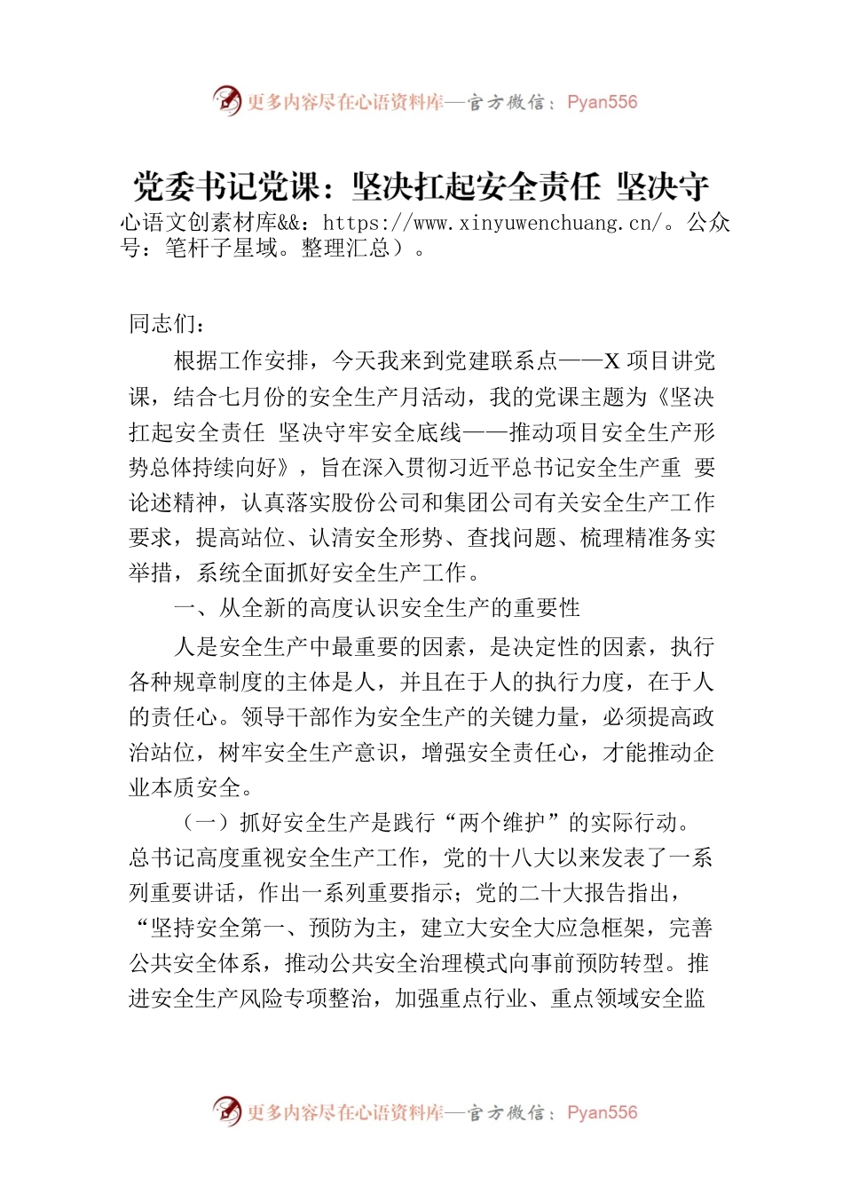 党委书记党课：坚决扛起安全责任 坚决守牢安全底线.docx_第1页