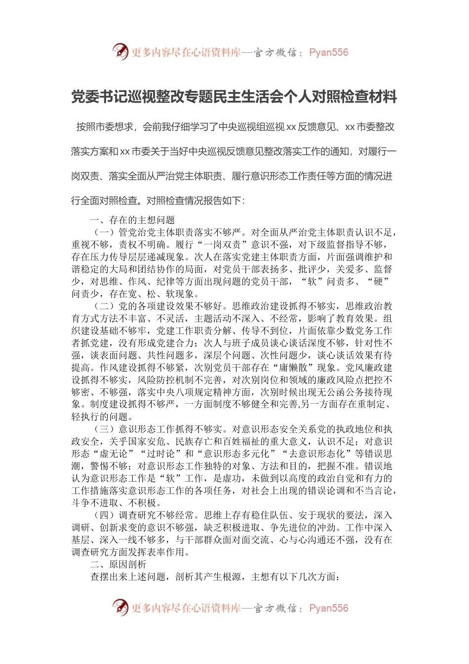 党委书记巡视整改专题民主生活会个人对照检查材料.docx_第1页