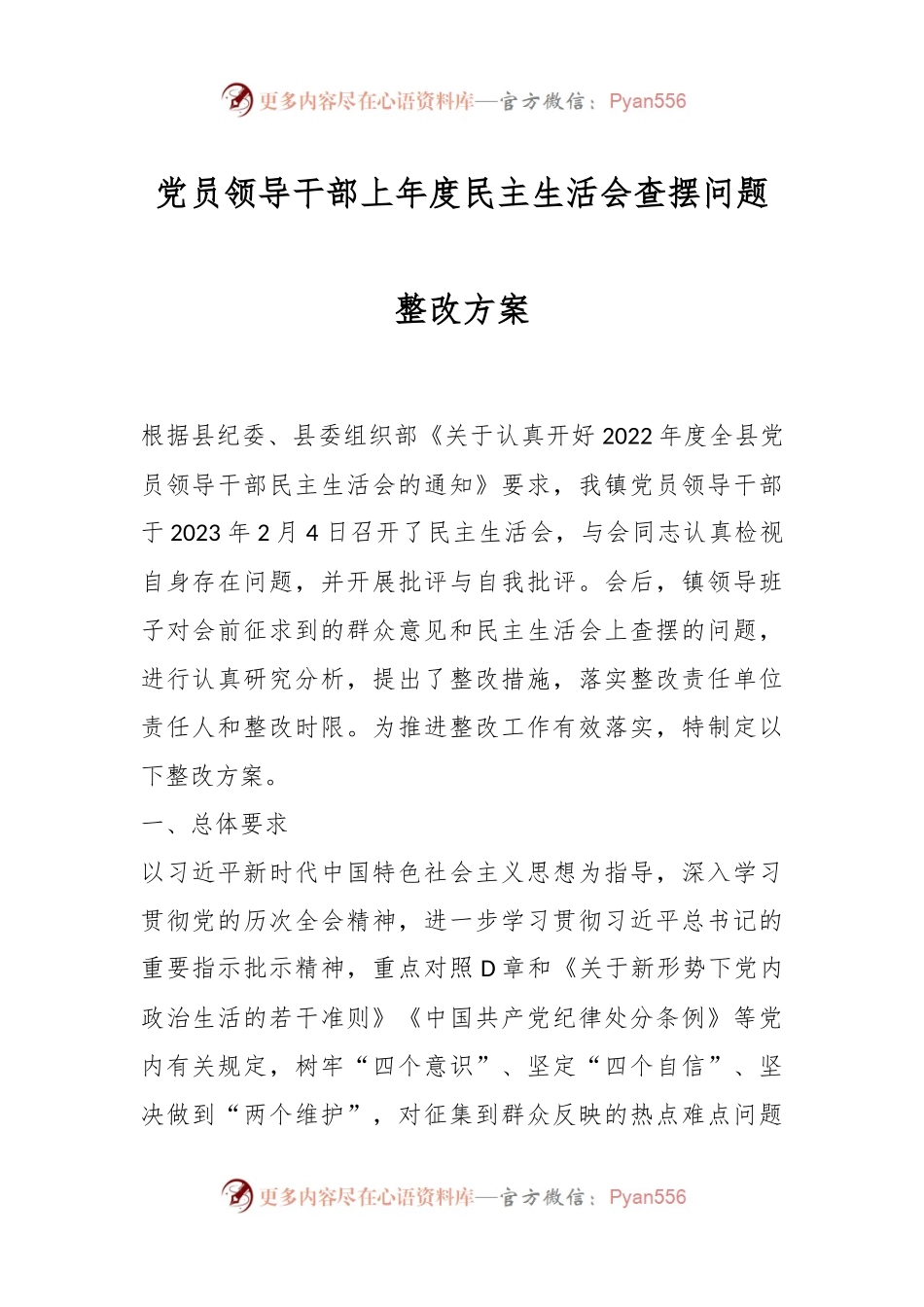 党员领导干部上年度民主生活会查摆问题整改方案.docx_第1页