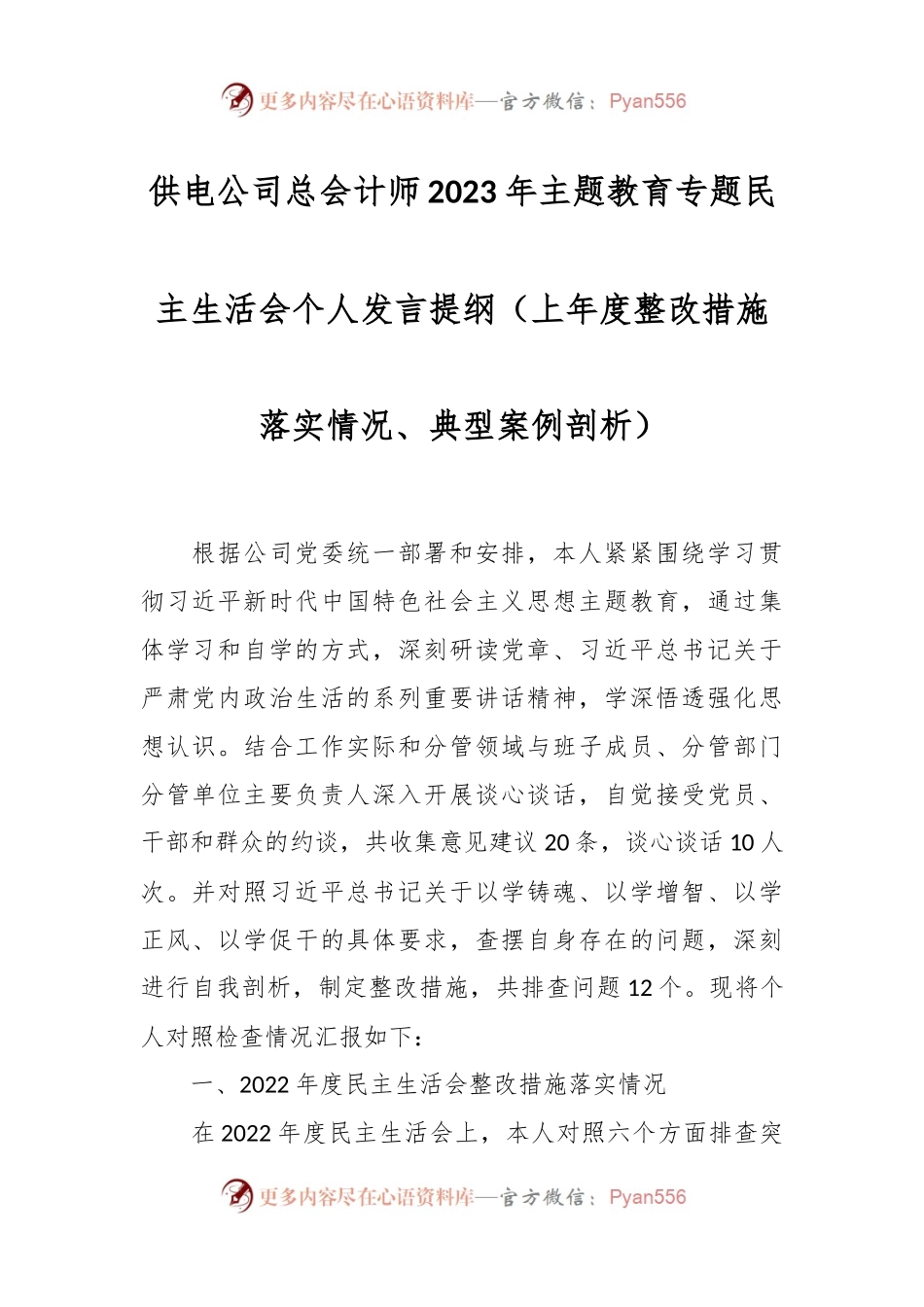 供电公司总会计师2023年主题教育专题民主生活会个人发言稿提纲（上年度整改措施落实情况、典型案例剖析）.docx_第1页
