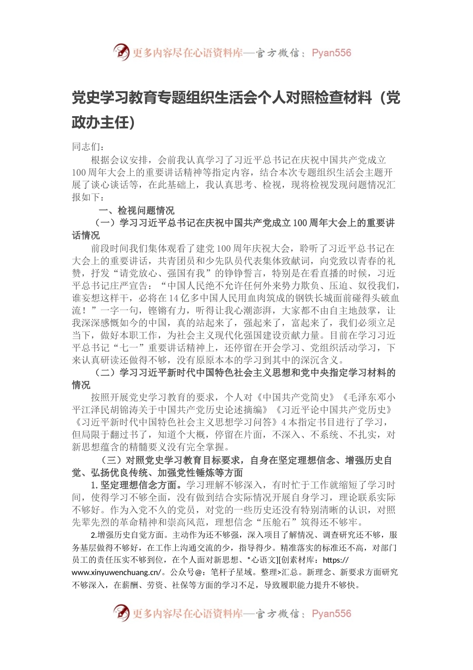 党史学习教育专题组织生活会个人对照检查材料（党政办主任）.docx_第1页