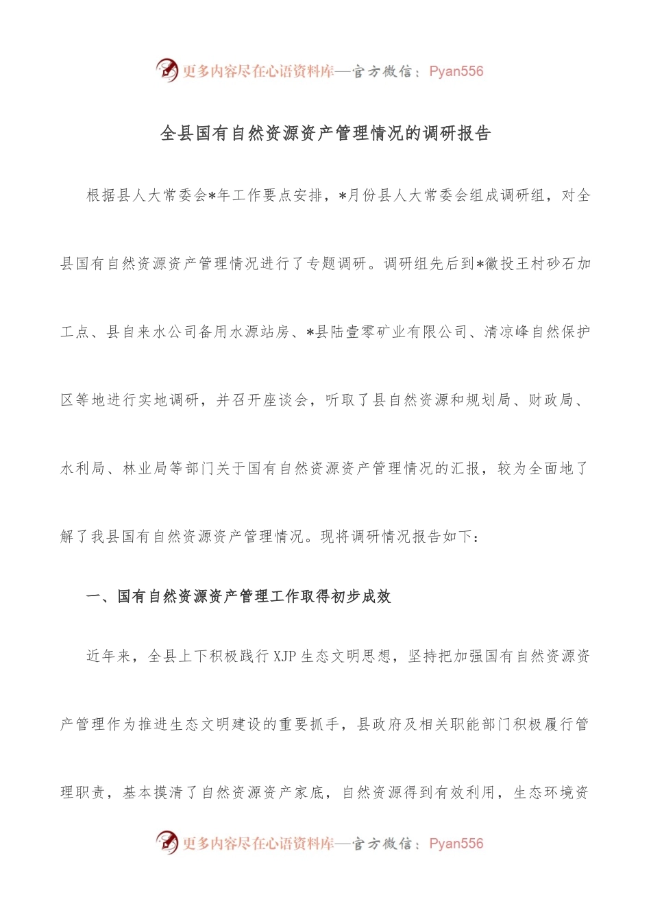 全县国有自然资源资产管理情况的调研报告.docx_第1页