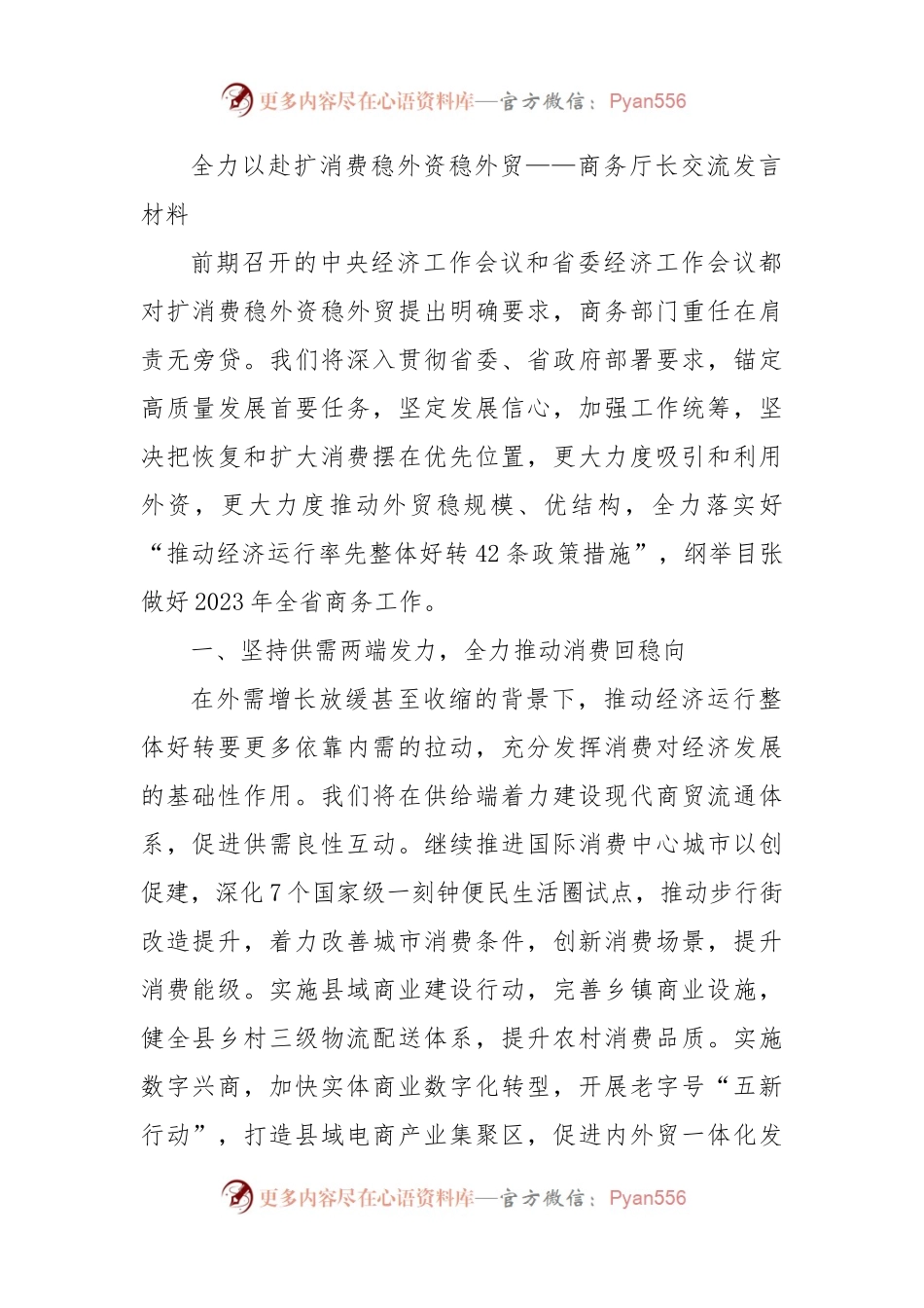 全力以赴扩消费稳外资稳外贸——商务厅长交流发言材料.docx_第1页