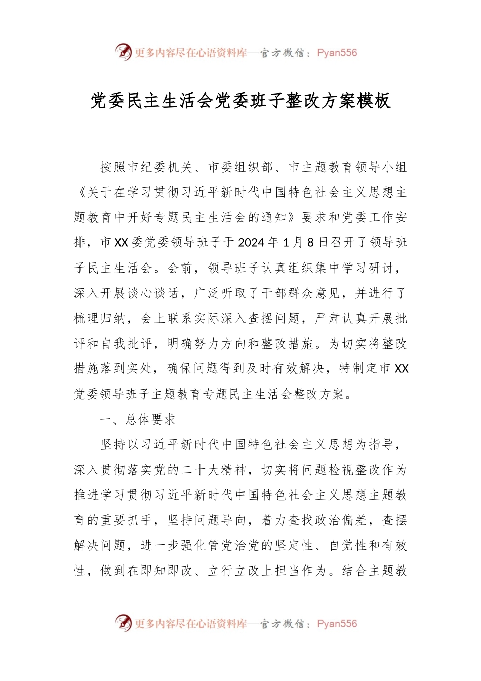 党委民主生活会党委班子整改方案模板.docx_第1页