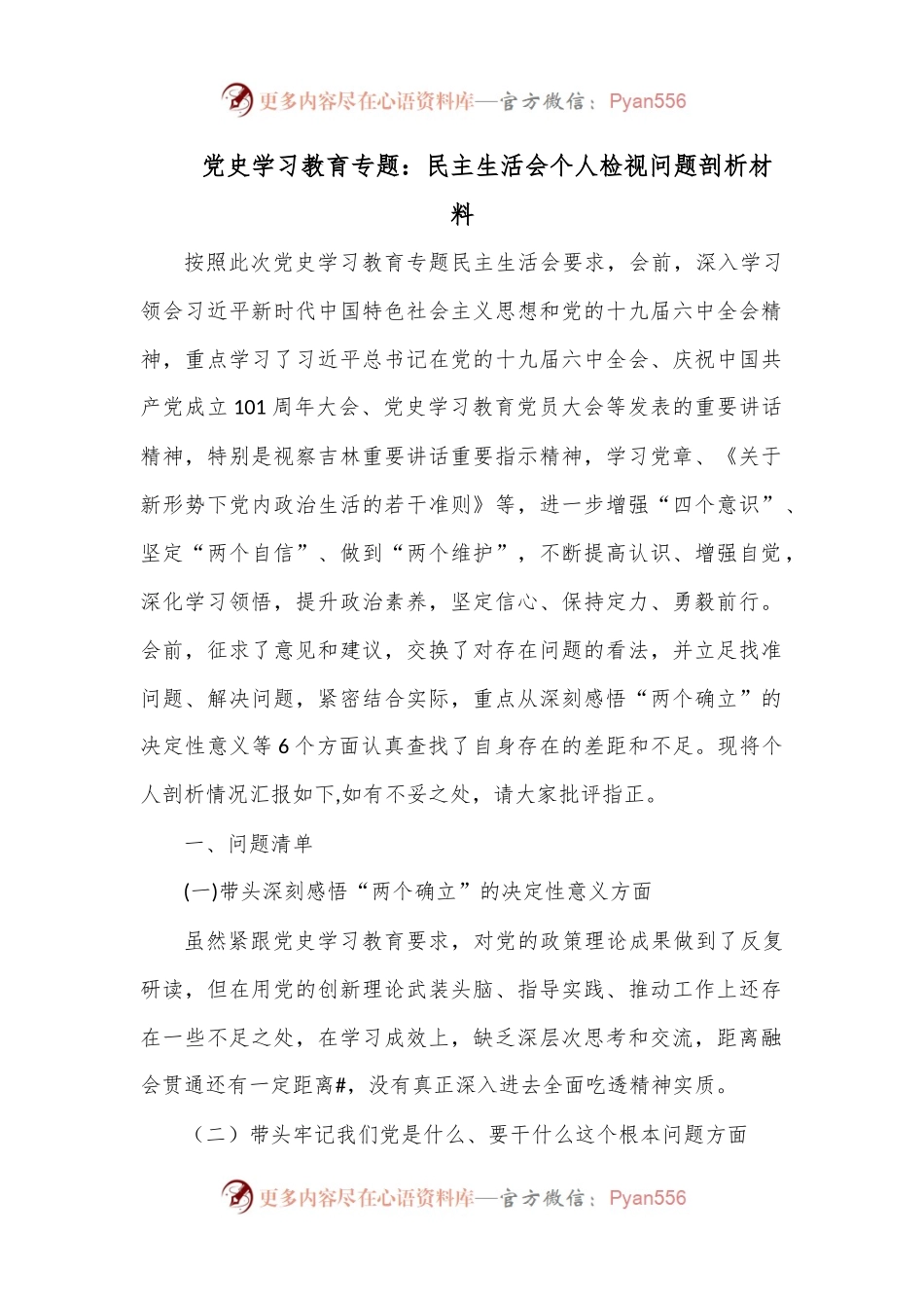 党史学习教育专题：民主生活会个人检视问题剖析材料.docx_第1页