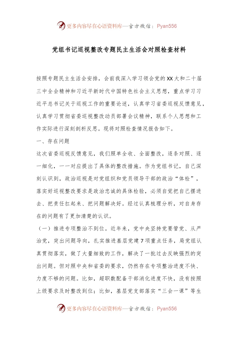 党组书记巡视整改专题民主生活会对照检查材料.docx_第1页