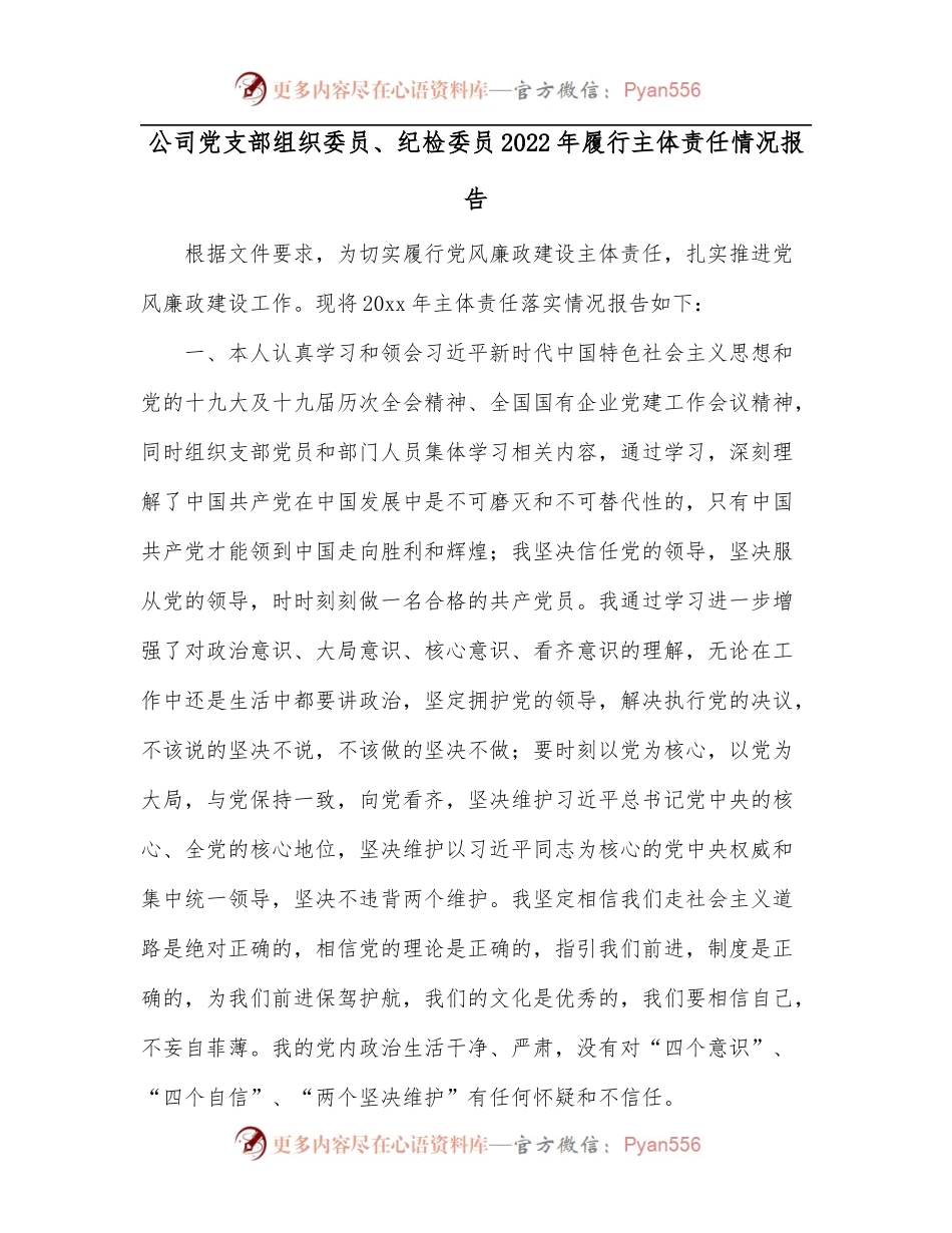 公司党支部组织委员、纪检委员2022年履行主体责任情况报告.docx_第1页