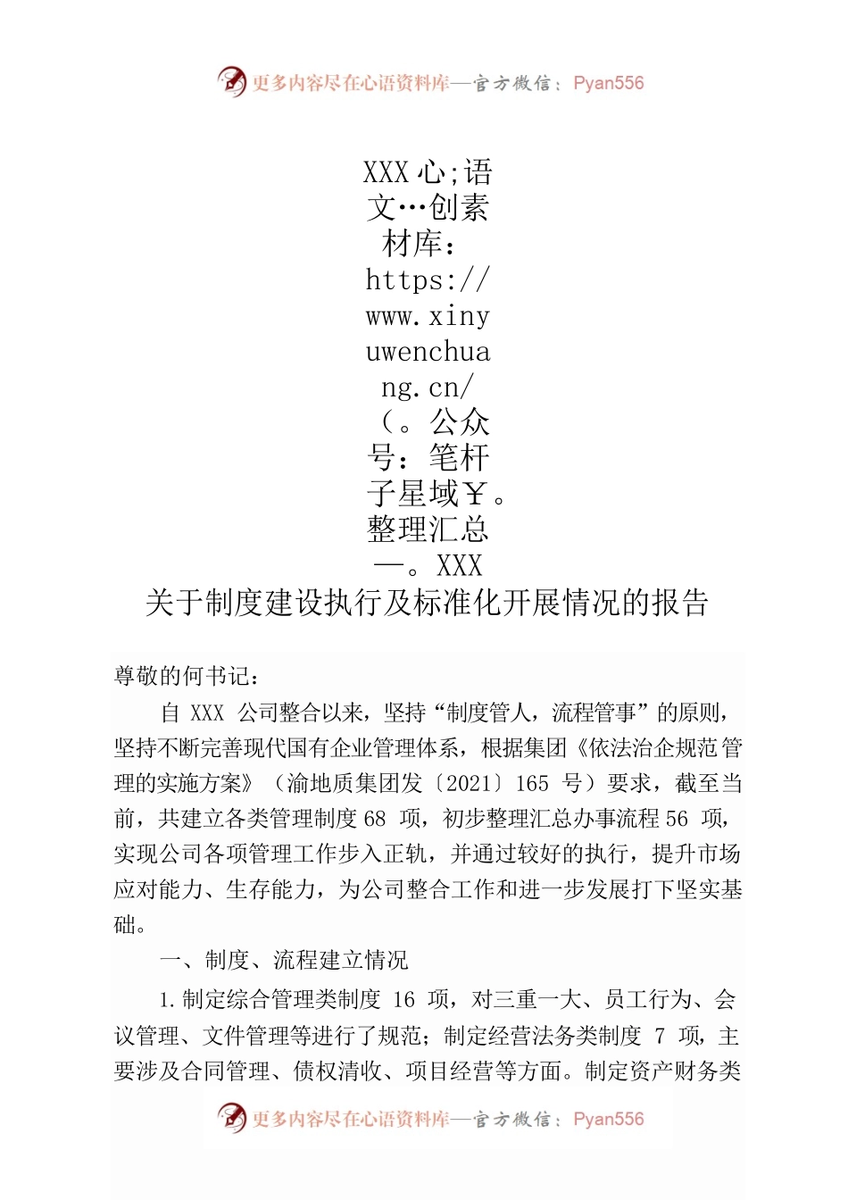 公司关于制度建设执行及标准化开展情况的报告.docx_第1页