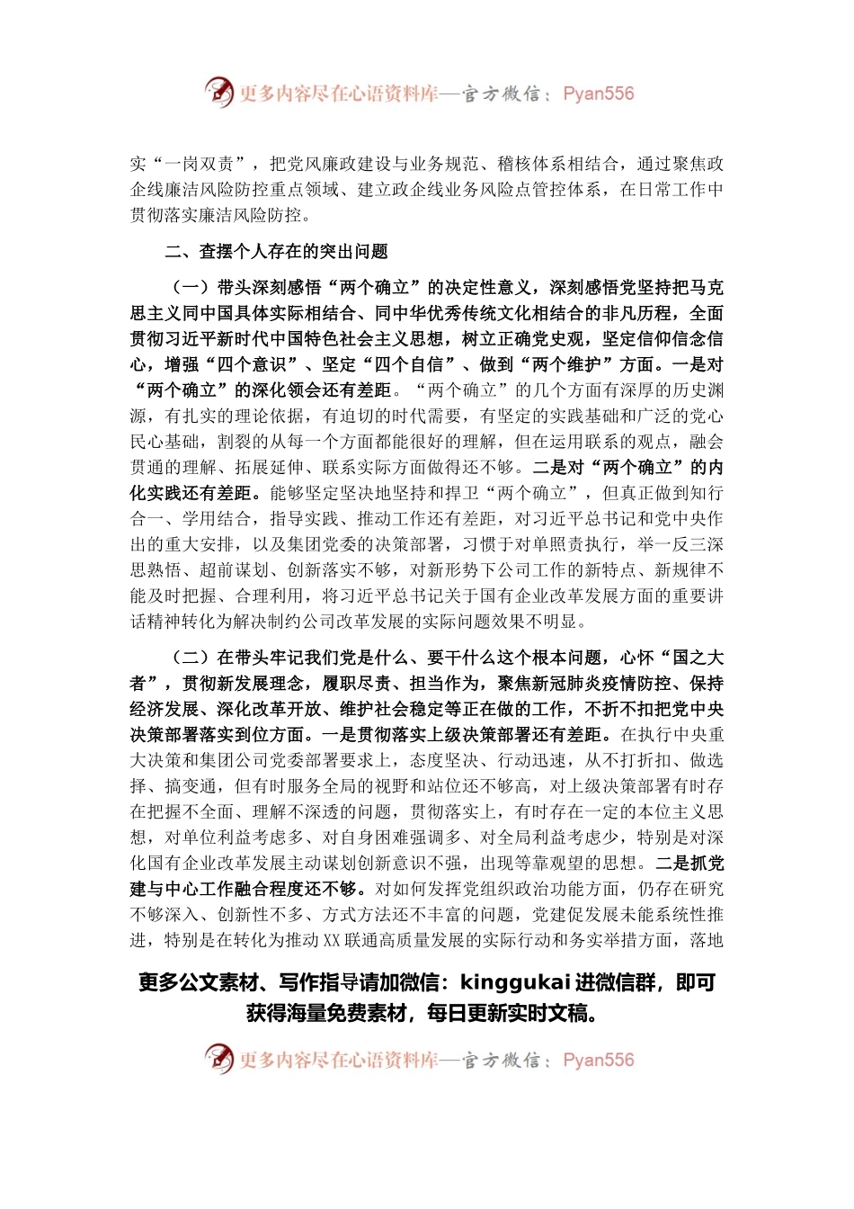公司党委书记2021年度党史学习教育五个带头专题民主生活会对照检查.docx_第2页