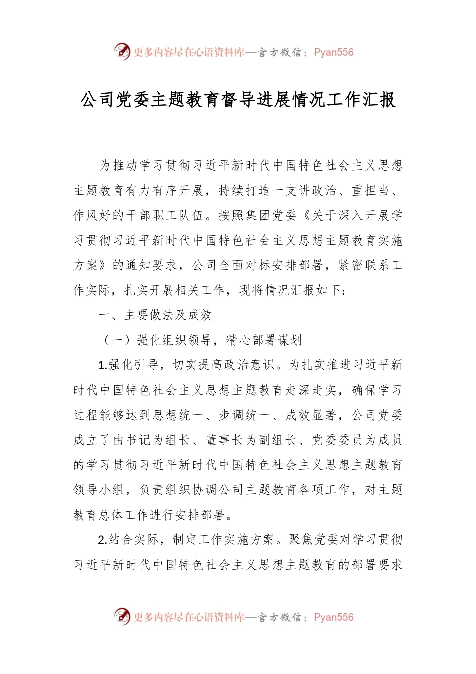 公司党委主题教育督导进展情况工作汇报.docx_第1页