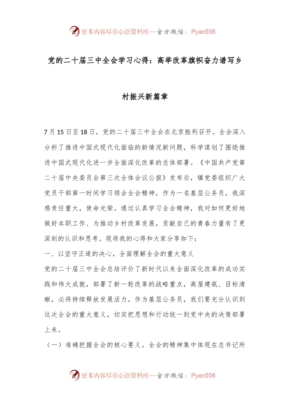 党的二十届三中全会学习心得：高举改革旗帜奋力谱写乡村振兴新篇章.docx_第1页