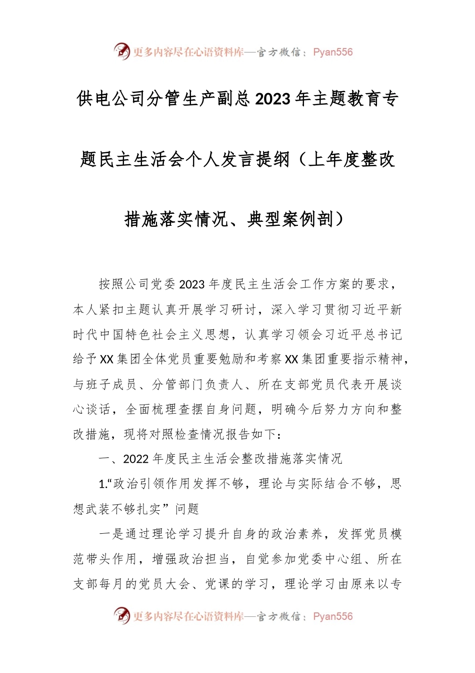 供电公司分管生产副总2023年主题教育专题民主生活会个人发言稿提纲（上年度整改措施落实情况、典型案例剖）.docx_第1页