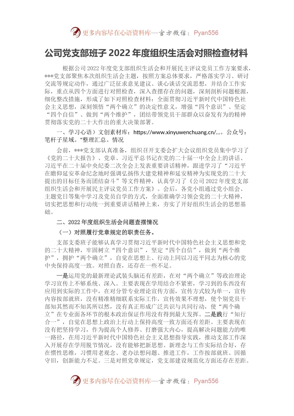 公司党支部班子2022年度组织生活会对照检查材料.docx_第1页