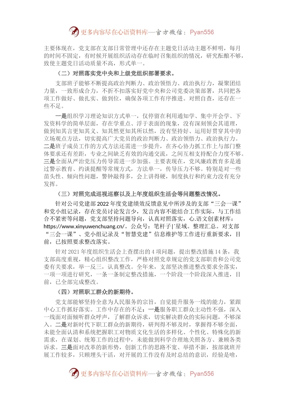 公司党支部班子2022年度组织生活会对照检查材料.docx_第2页