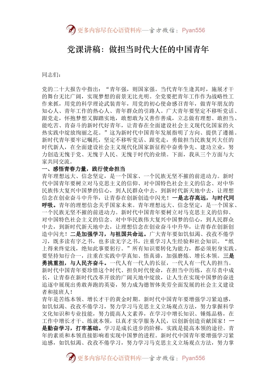 党课讲稿：做担当时代大任的中国青年.docx_第1页