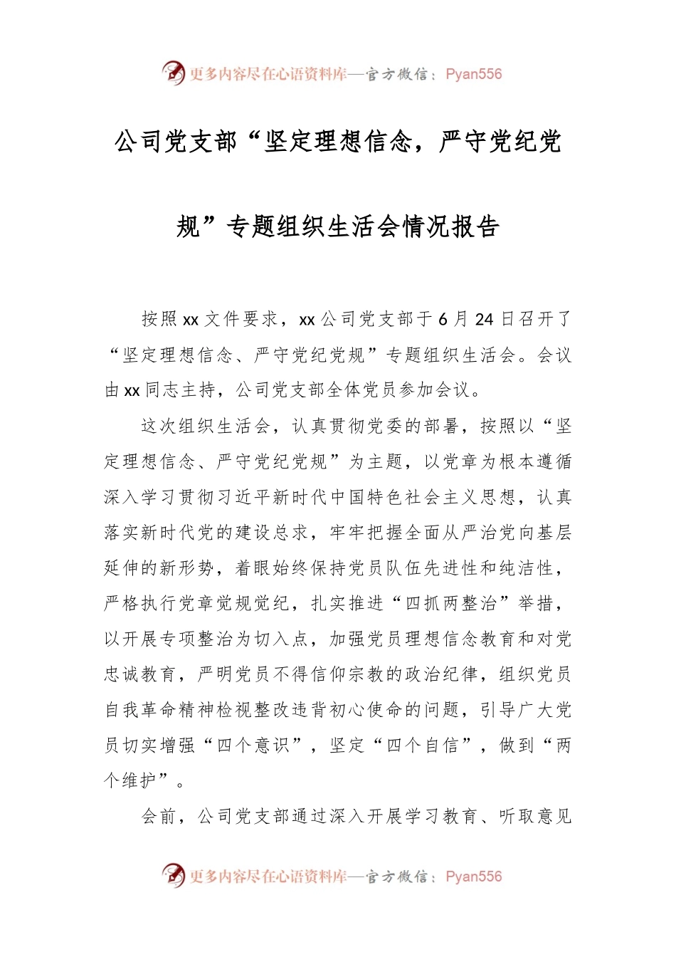 公司党支部“坚定理想信念，严守党纪党规”专题组织生活会情况报告.docx_第1页