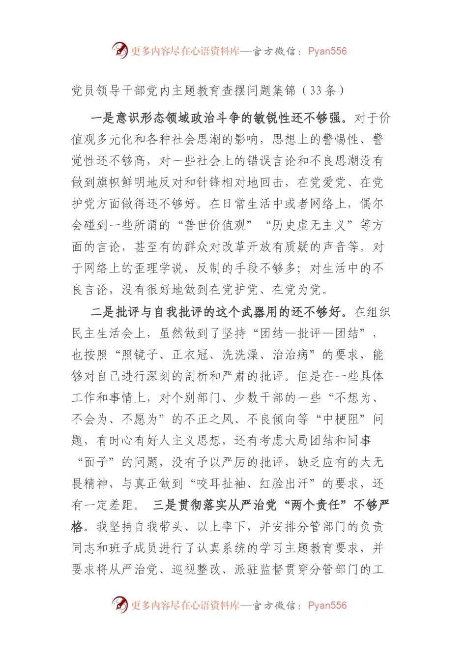 党员领导干部主题教育查摆问题集锦（33条）.docx_第1页