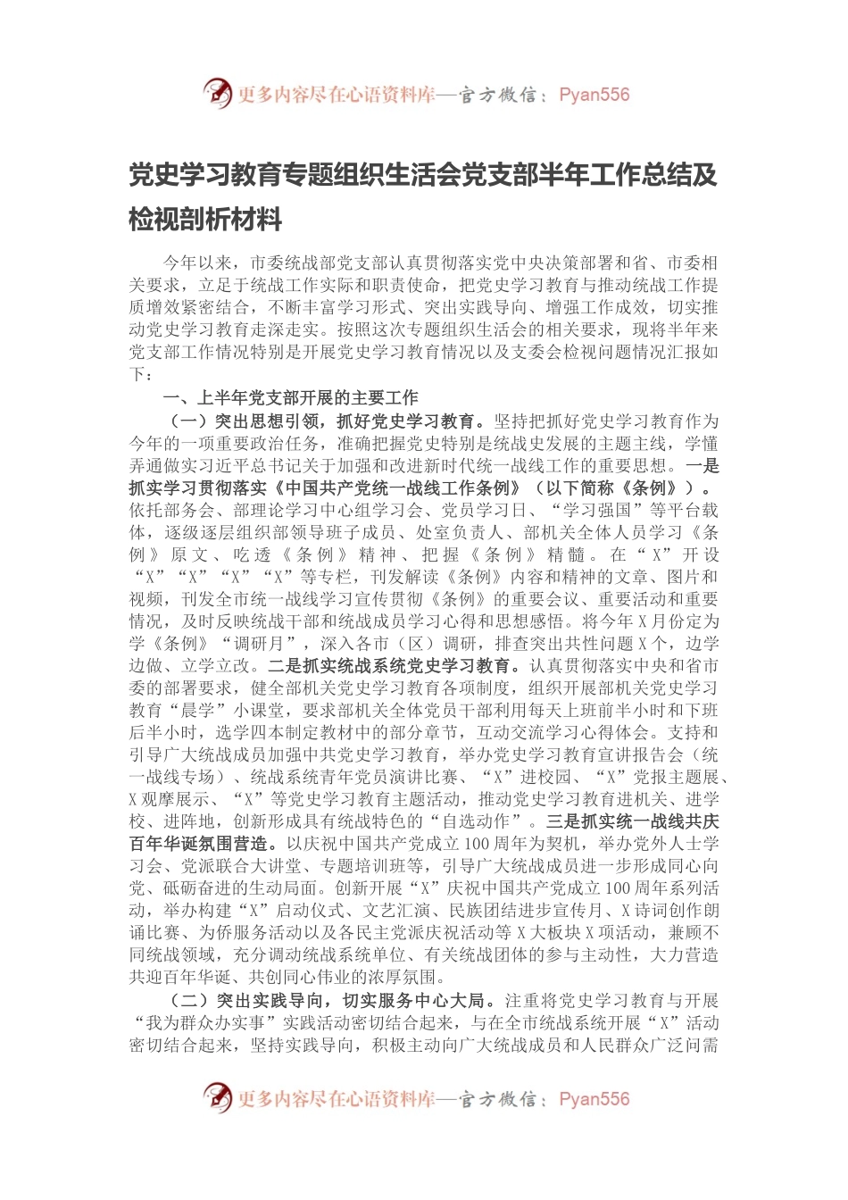 党史学习教育专题组织生活会党支部半年工作总结及检视剖析材料.docx_第1页