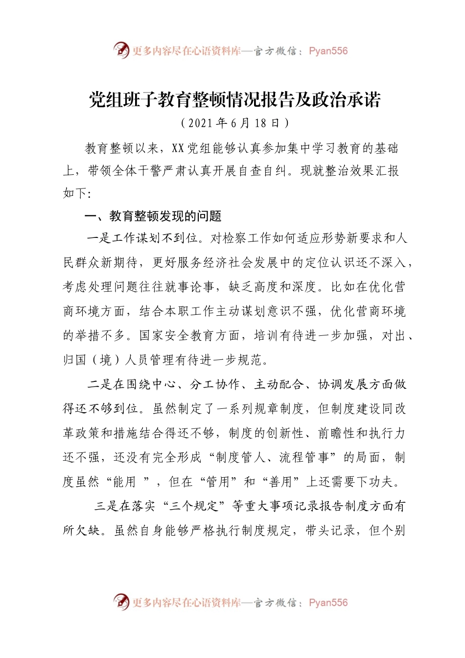 党组班子教育整顿情况报告及政治承诺.docx_第1页