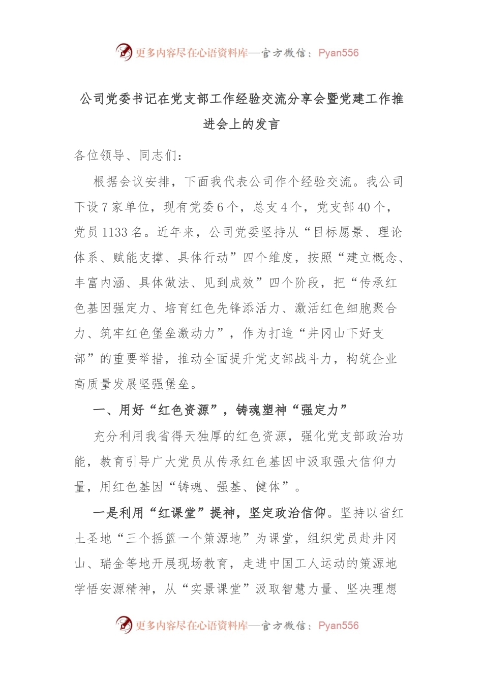 公司党委书记在党支部工作经验交流分享会暨党建工作推进会上的发言.docx_第1页