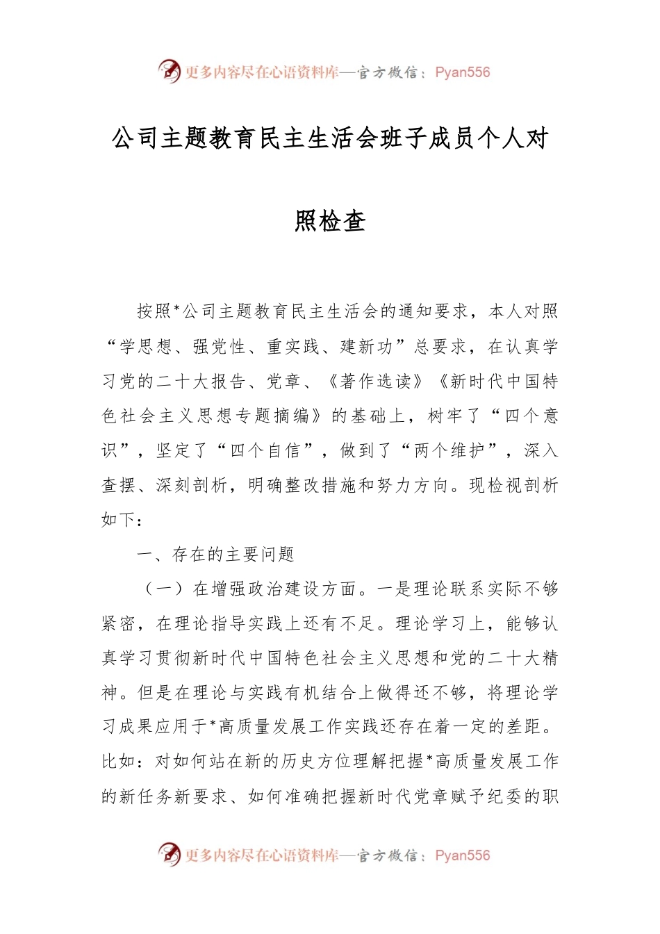 公司主题教育民主生活会班子成员个人对照检查.docx_第1页