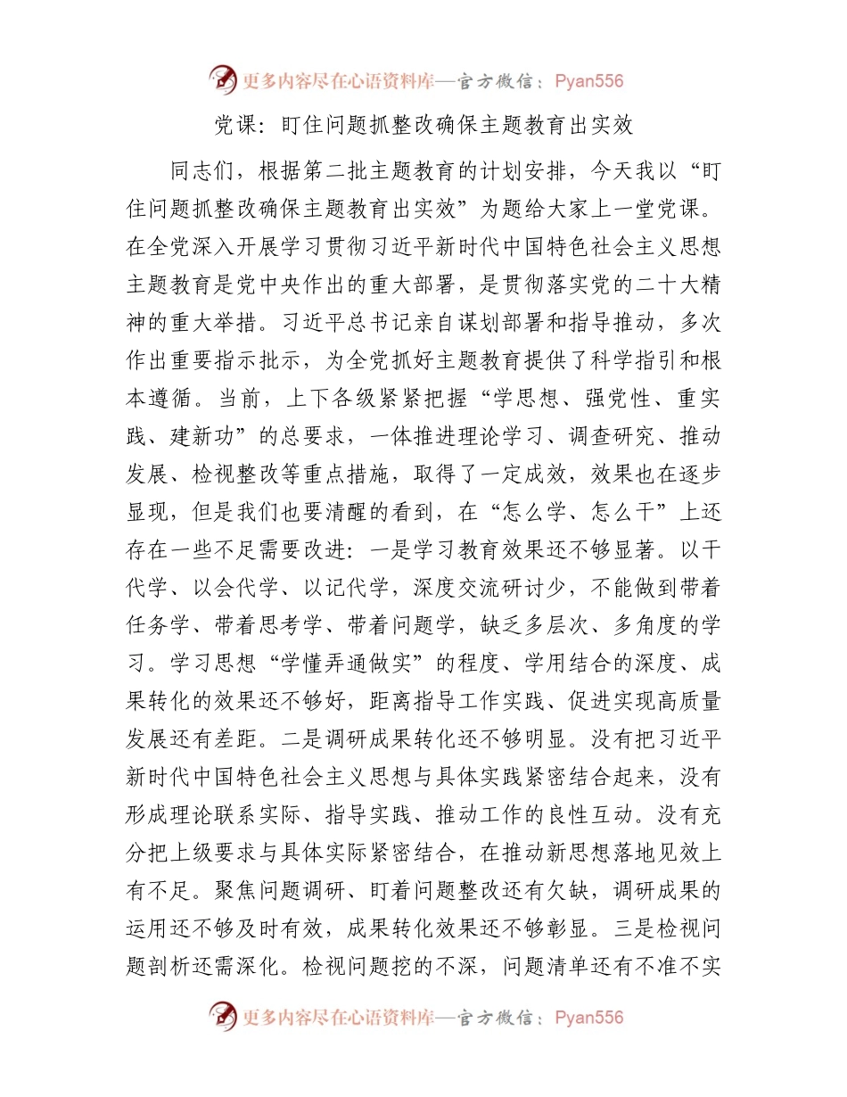 党课：盯住问题抓整改 确保主题教育出实效4800字.docx_第1页