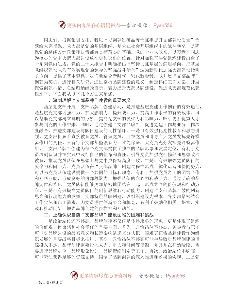 党课：以创建过硬品牌为抓手提升支部建设质量.docx_第1页
