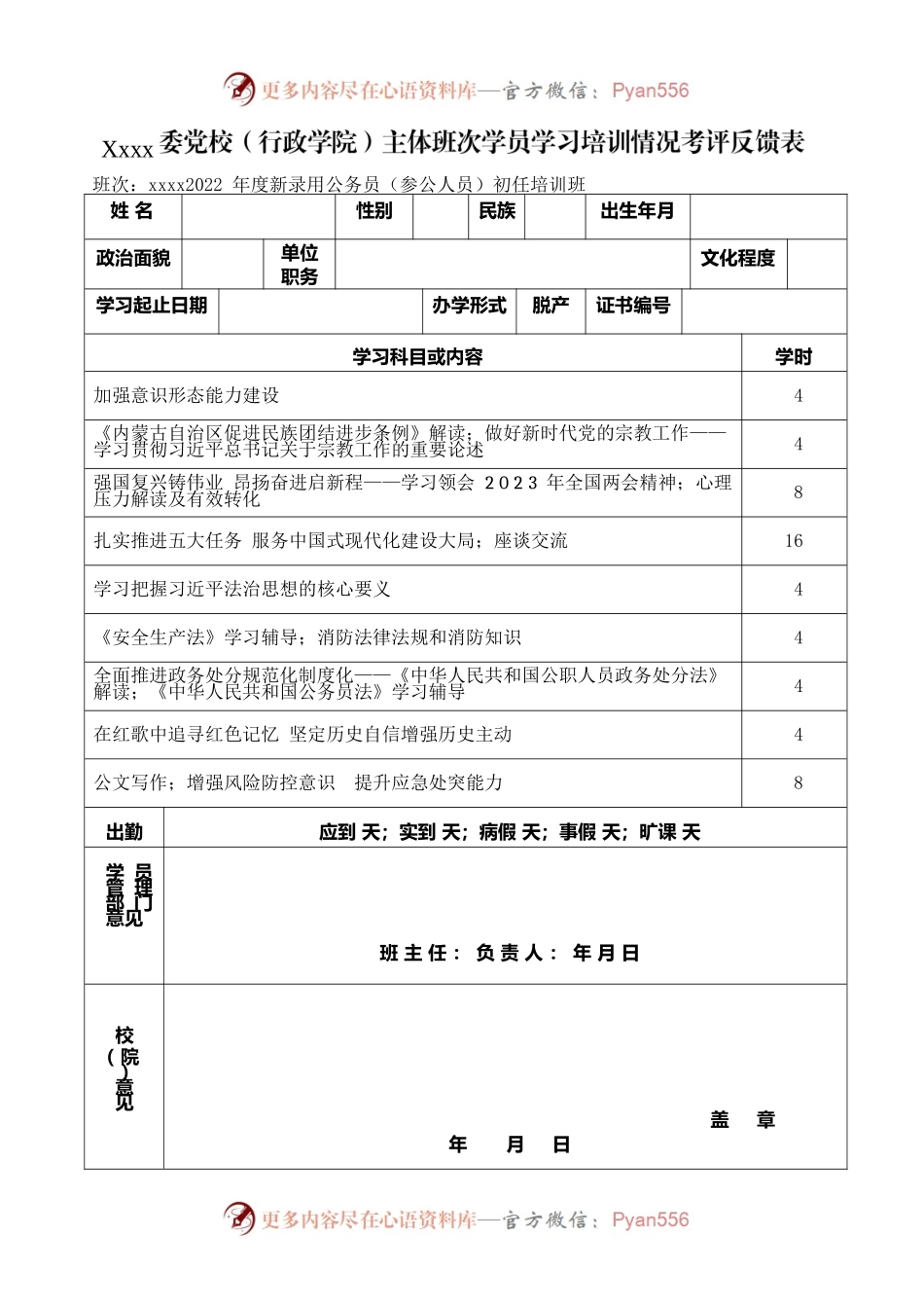 党校（行政学院）主体班次学员学习培训情况考评反馈表.docx_第1页