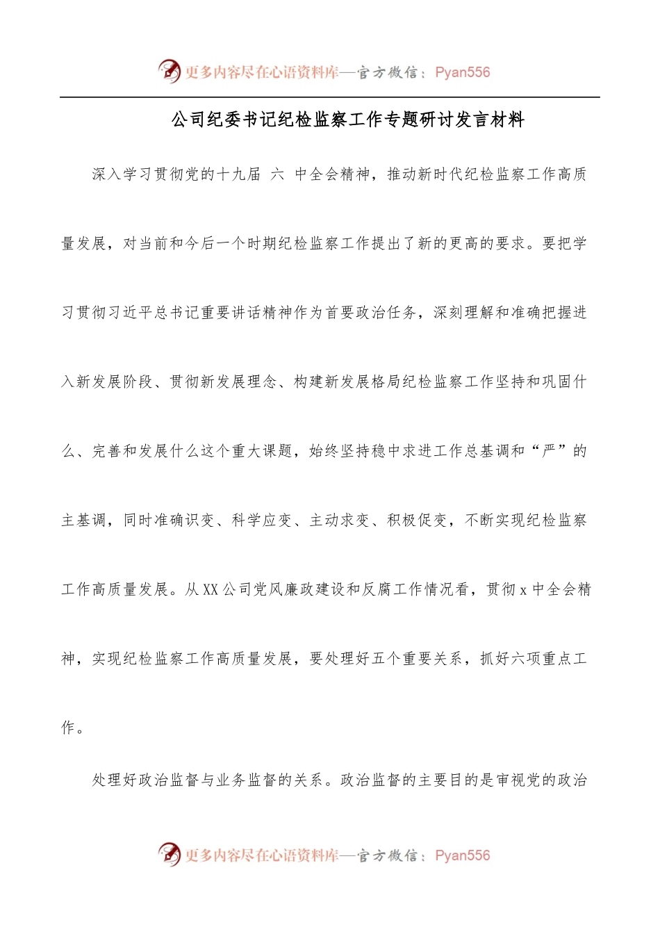 公司纪委书记纪检监察工作专题研讨发言材料.docx_第1页