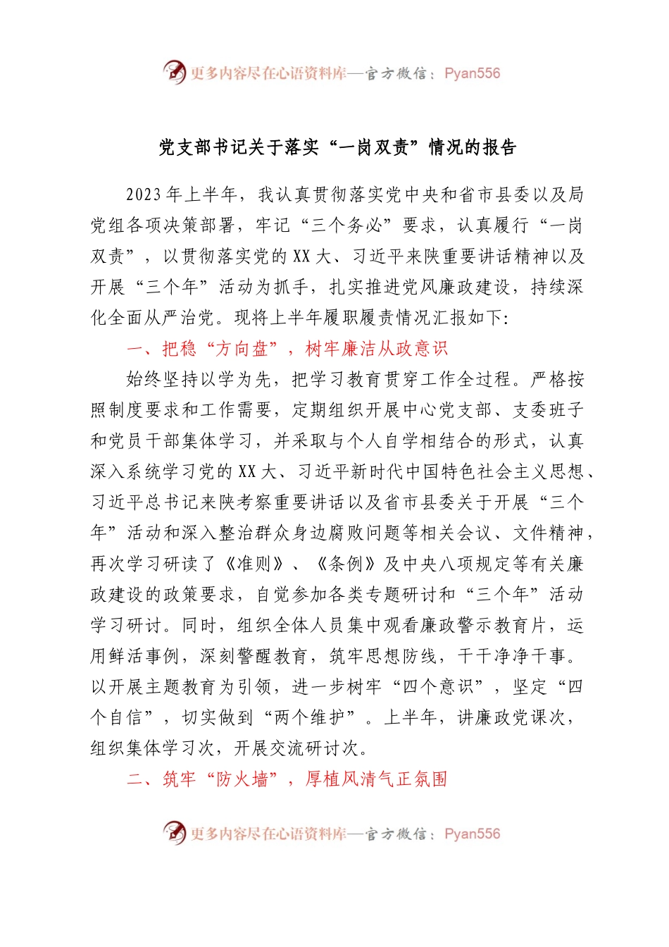党支部书记关于落实一岗双责情况的报告.docx_第1页