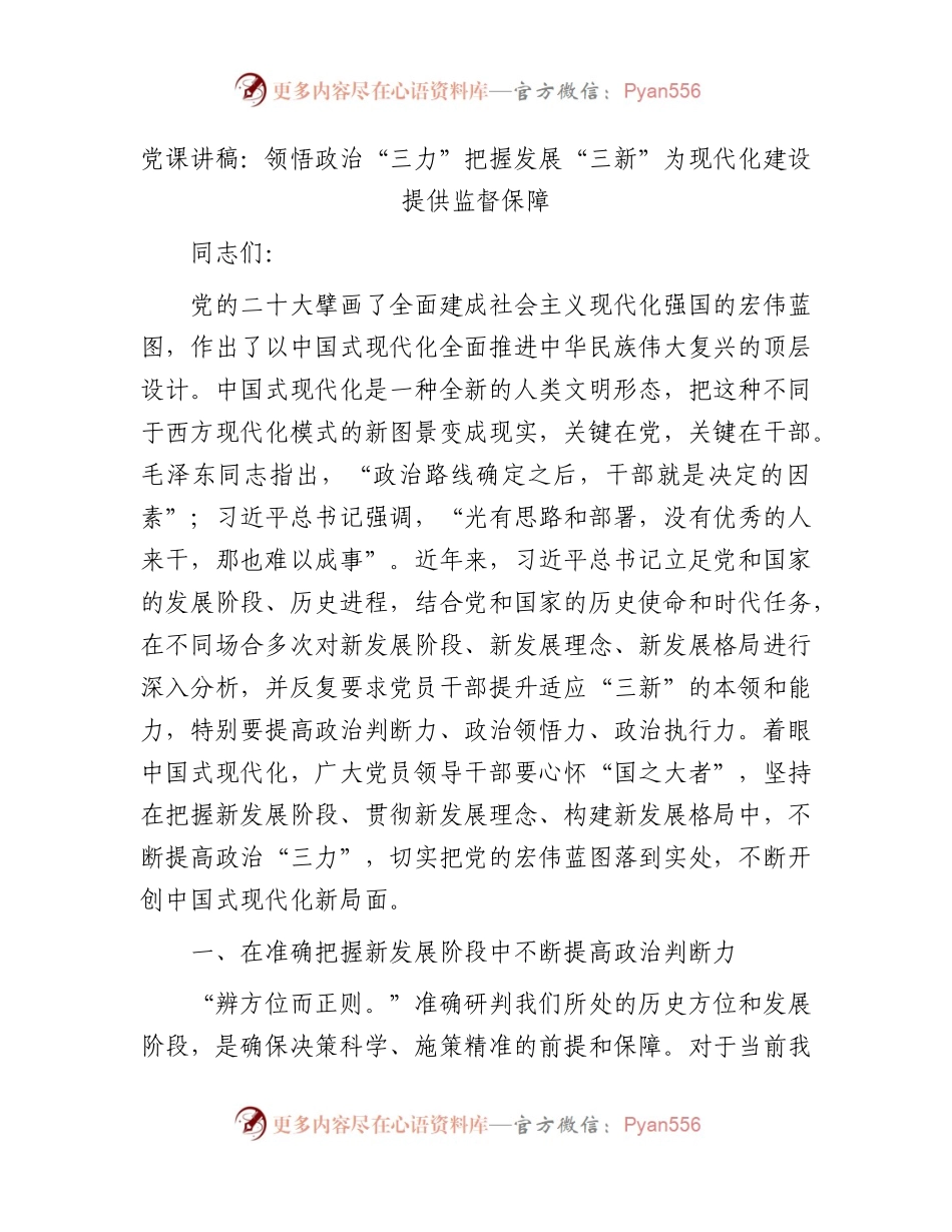 党课：领悟政治“三力” 把握发展“三新” 为现代化建设提供监督保障.docx_第1页