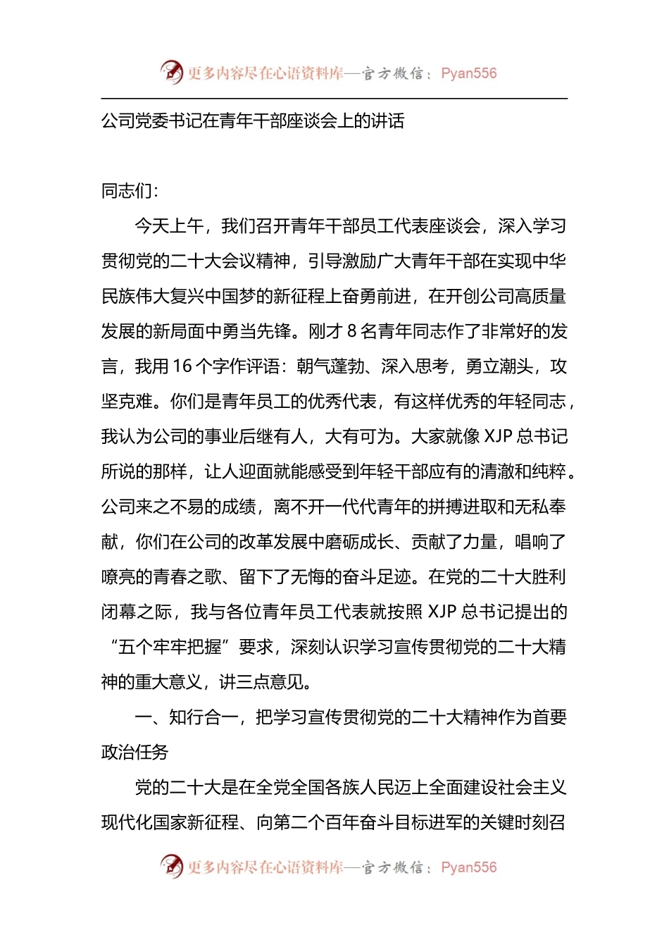 公司党委书记在青年干部座谈会上的讲话.docx_第1页