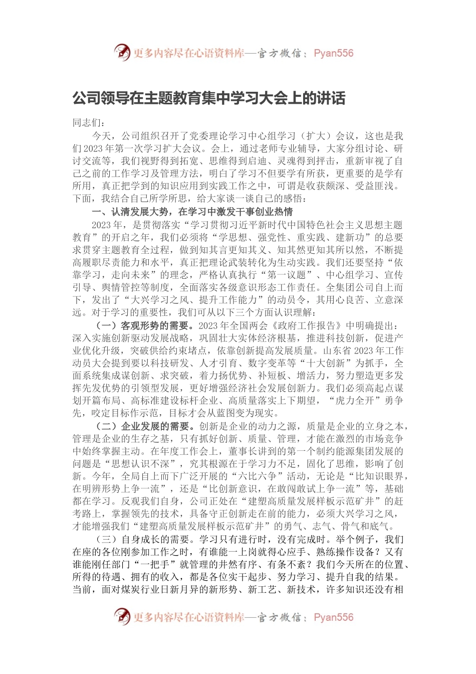 公司领导在主题教育集中学习大会上的讲话.docx_第1页