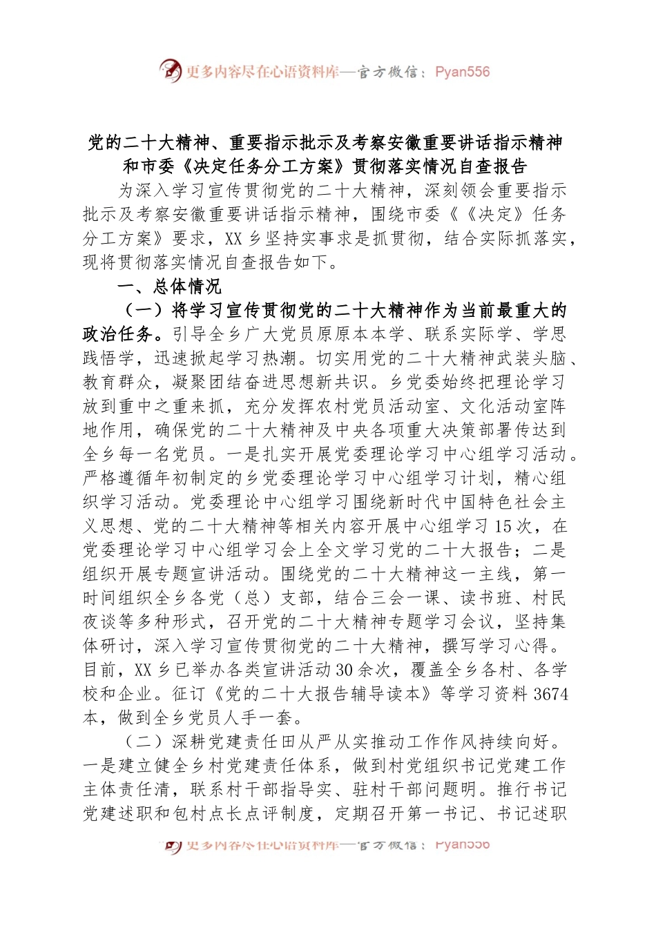党的二X大精神、重要指示批示及考察安徽重要讲话指示精神和市委《决定任务分工方案》贯彻落实情况自查报告.docx_第1页