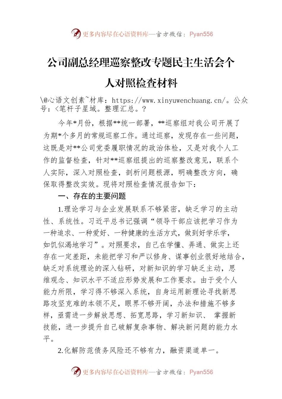 公司副总经理巡察整改专题民主生活会个人对照检查材料.docx_第1页