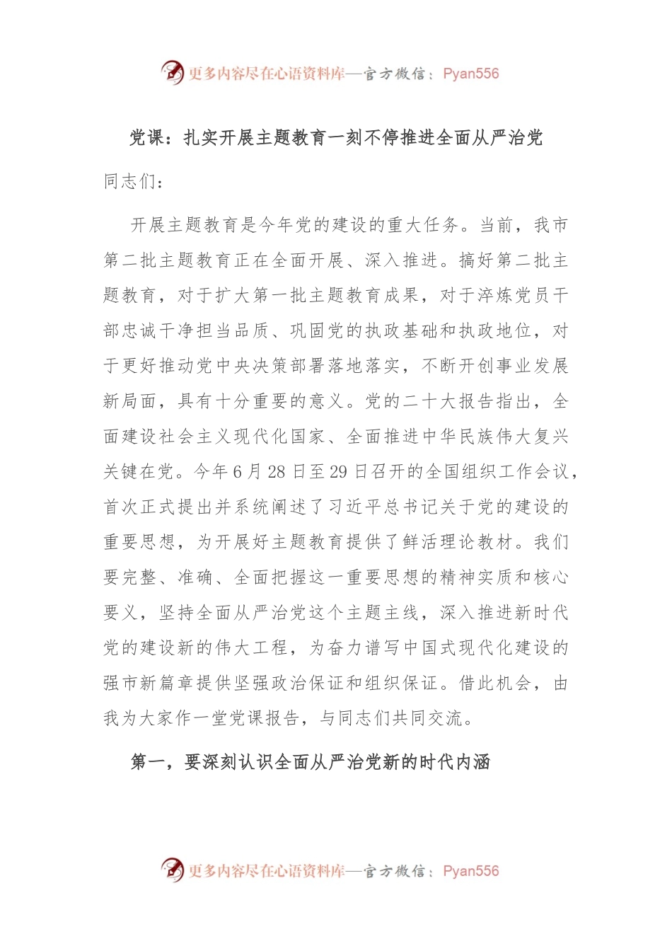 党课：扎实开展主题教育 一刻不停推进全面从严治党.docx_第1页