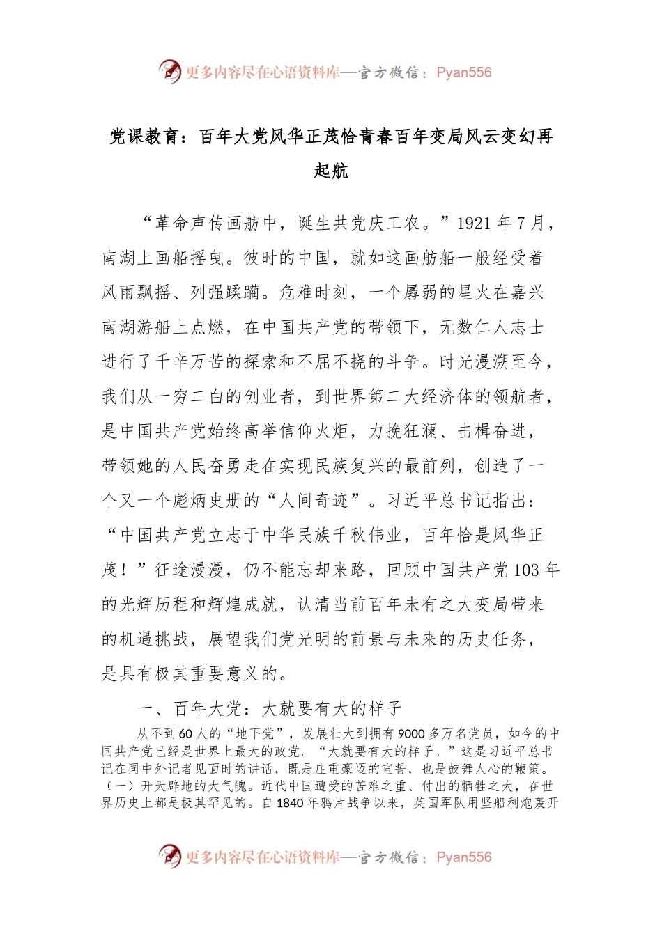 党课教育：百年大党风华正茂恰青春百年变局风云变幻再起航.docx_第1页