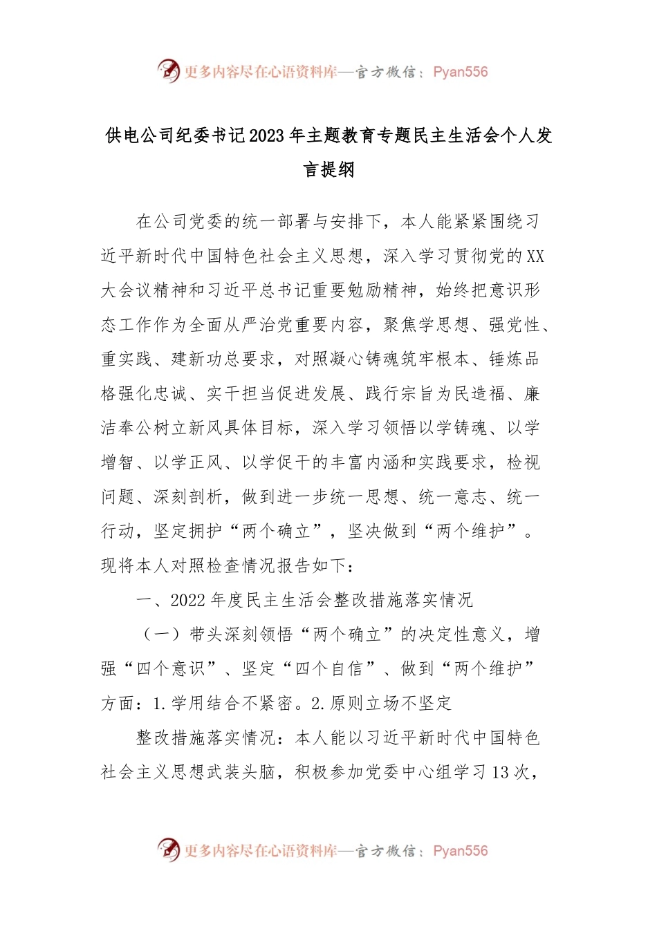 供电公司纪委书记2023年主题教育专题民主生活会个人发言稿提纲.docx_第1页