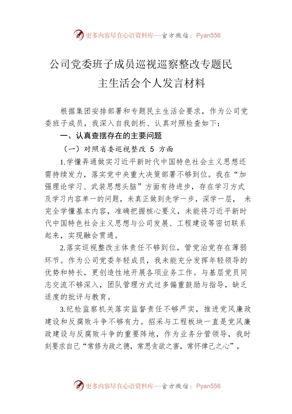 公司党委班子成员巡视巡察整改专题民主生活会个人发言材料.docx_第1页