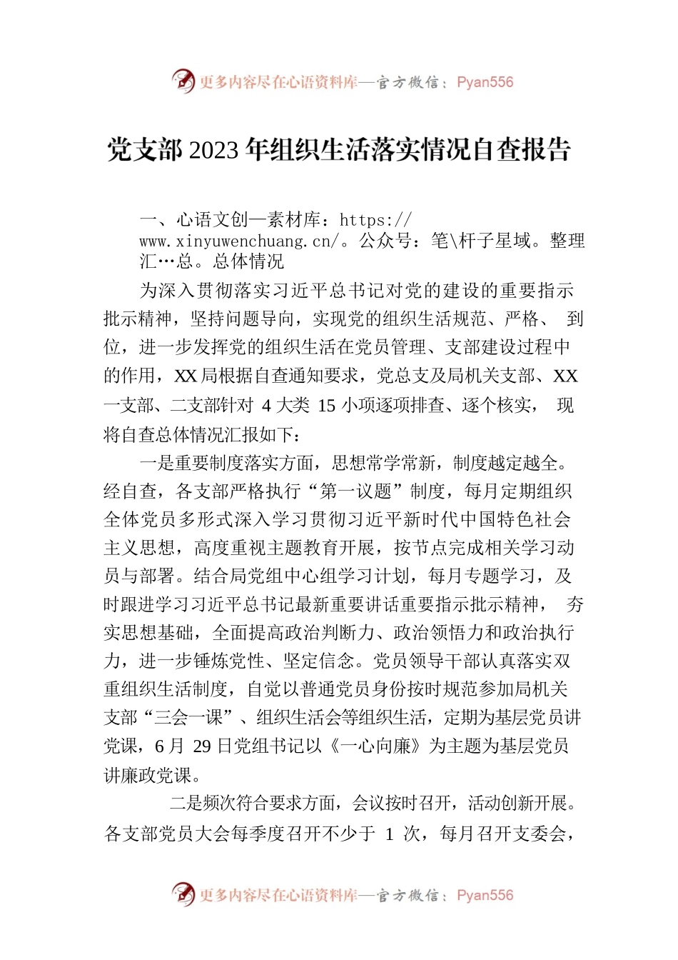 党支部2023年组织生活落实情况自查报告.docx_第1页