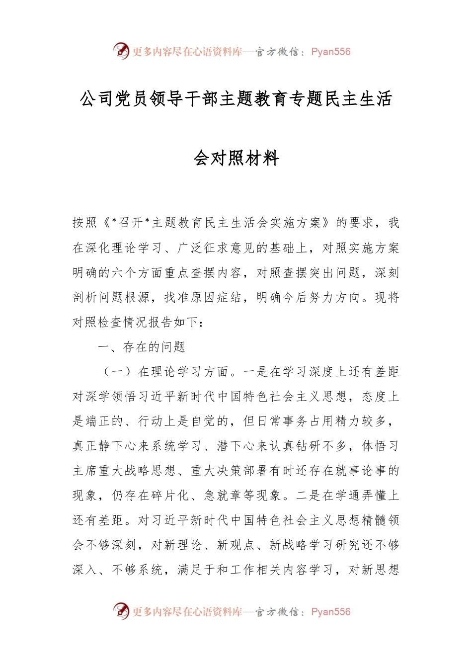 公司党员领导干部主题教育专题民主生活会对照材料.docx_第1页
