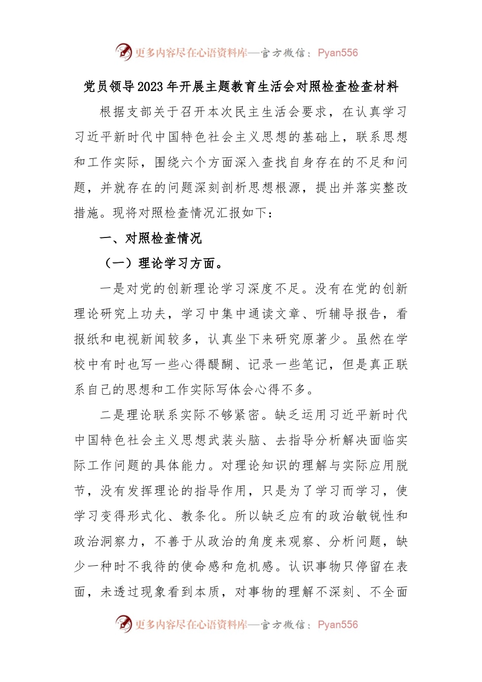 党员领导2023年开展主题教育生活会对照检查检查材料.docx_第1页