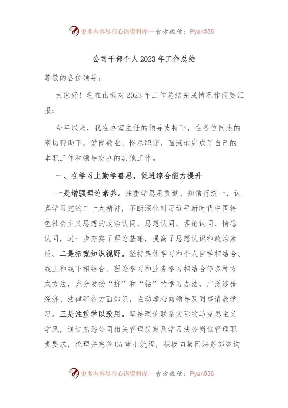 公司干部个人2023年工作总结.docx_第1页