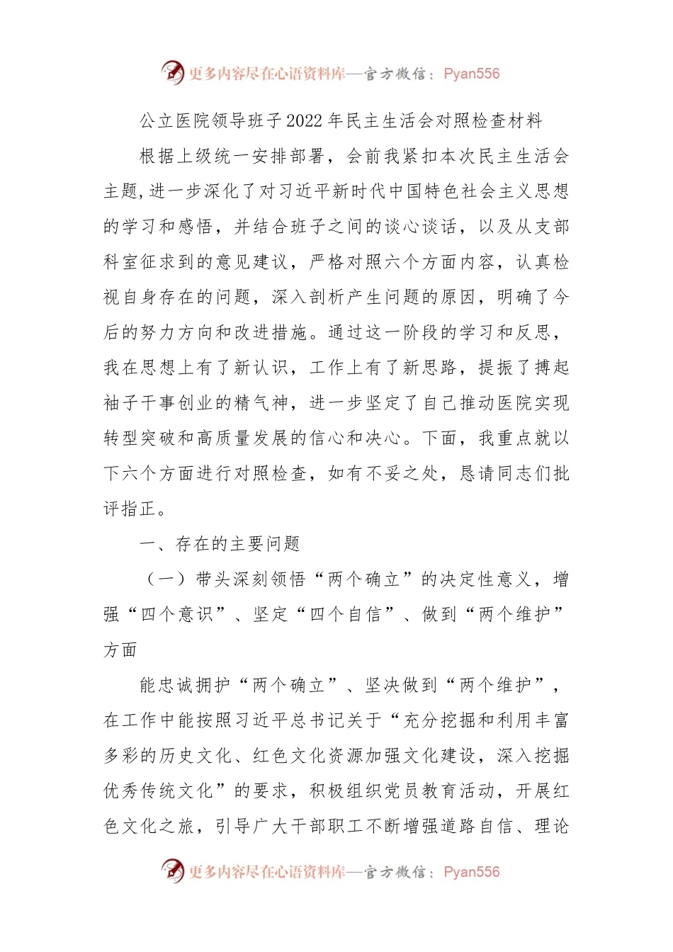 公立医院领导班子2022年民主生活会对照检查材料.docx_第1页