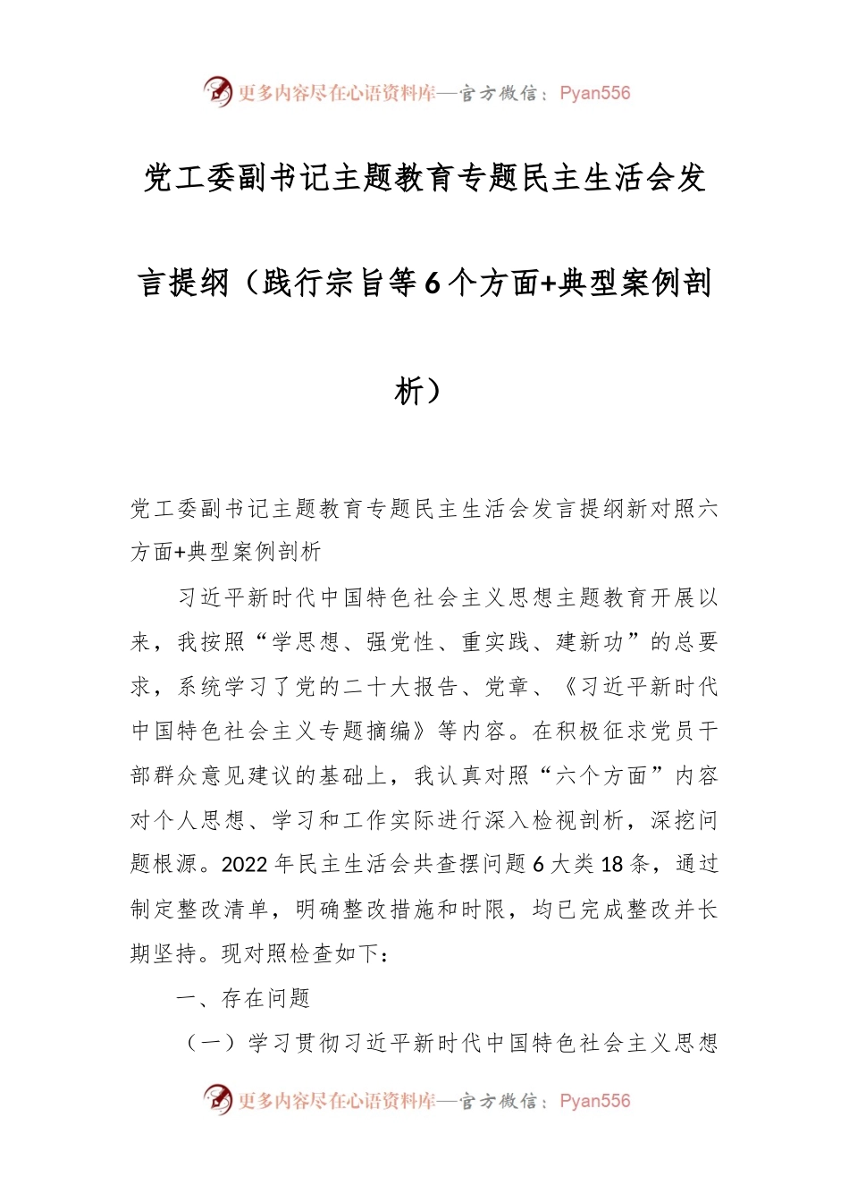 党工委副书记主题教育专题民主生活会发言稿提纲（践行宗旨等6个方面+典型案例剖析）.docx_第1页