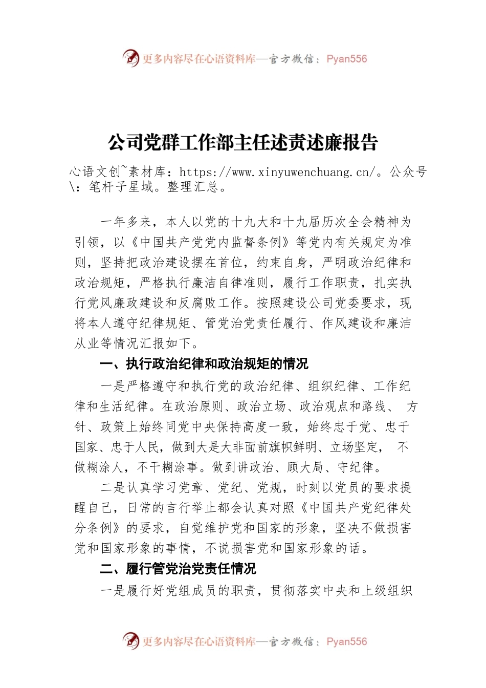 公司党群工作部主任述责述廉报告.docx_第1页