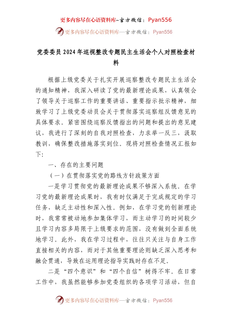 党委委员2024年巡视整改专题民主生活会个人对照检查材料.docx_第1页