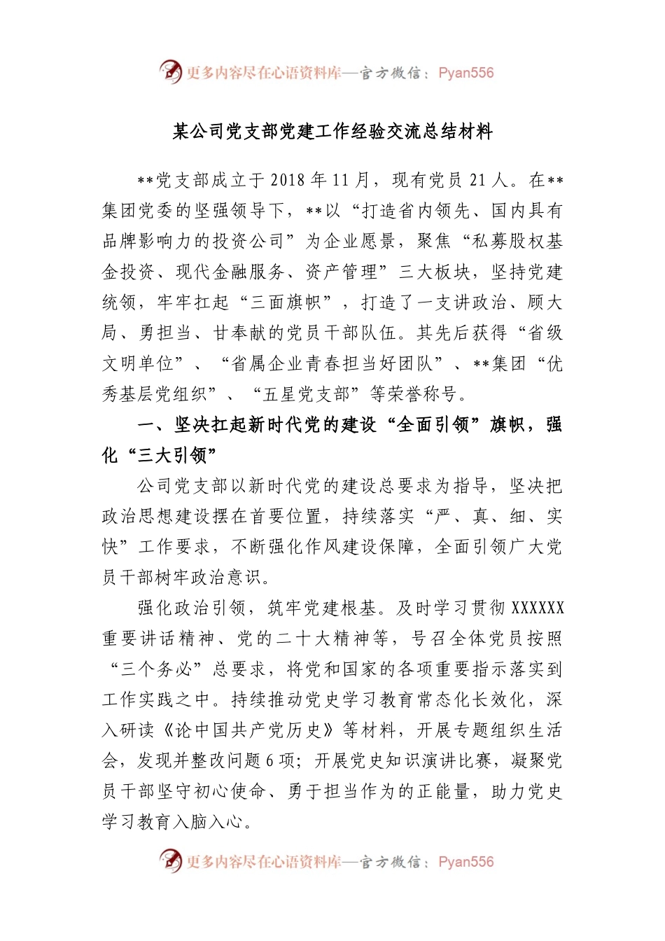 公司党支部党建工作经验交流总结材料.docx_第1页