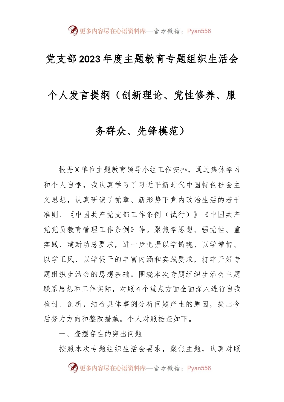 党支部2023年度主题教育专题组织生活会个人发言稿提纲（创新理论、党性修养、服务群众、先锋模范）.docx_第1页