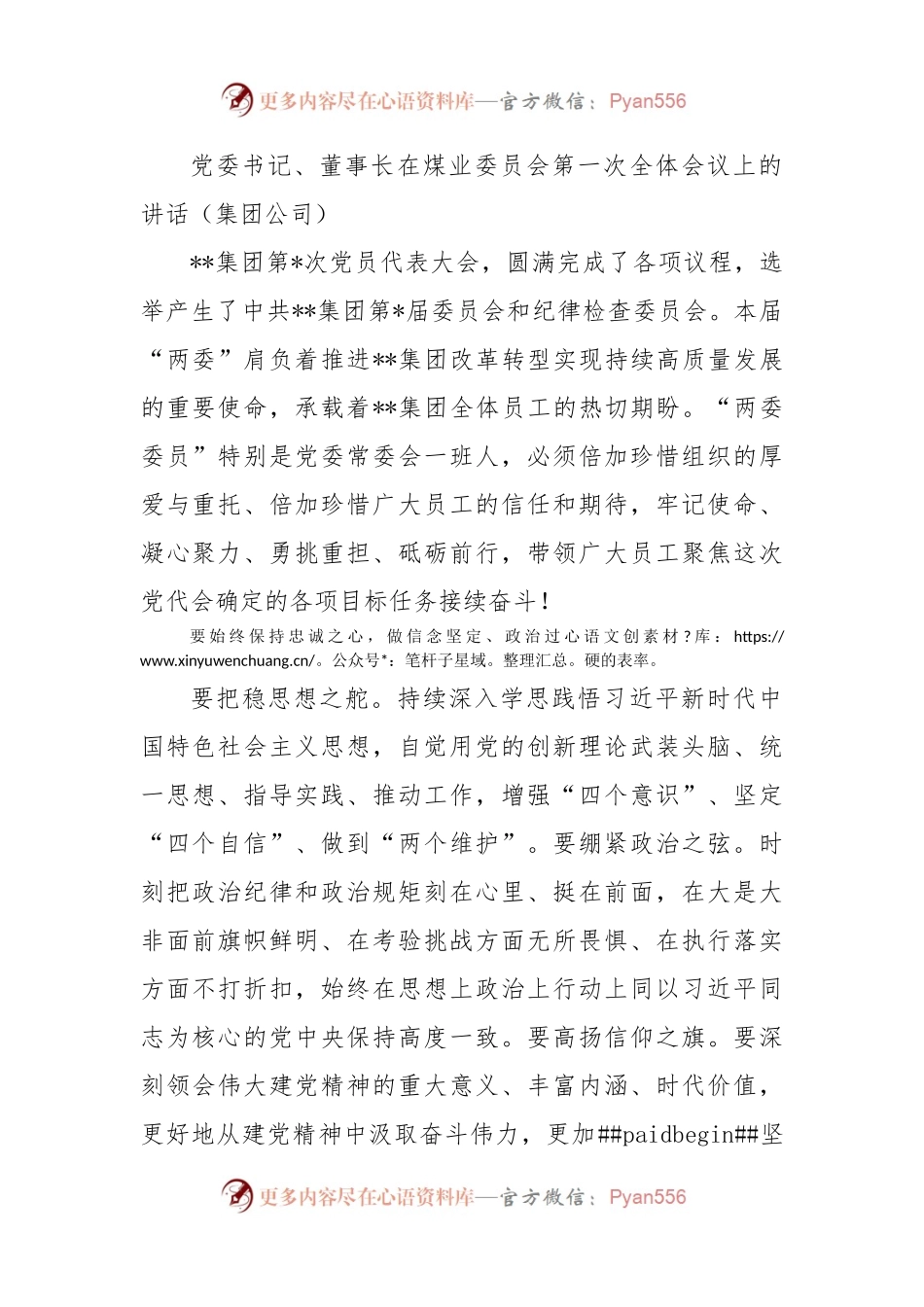 党委书记、董事长在煤业委员会第一次全体会议上的讲话（集团公司）.docx_第1页